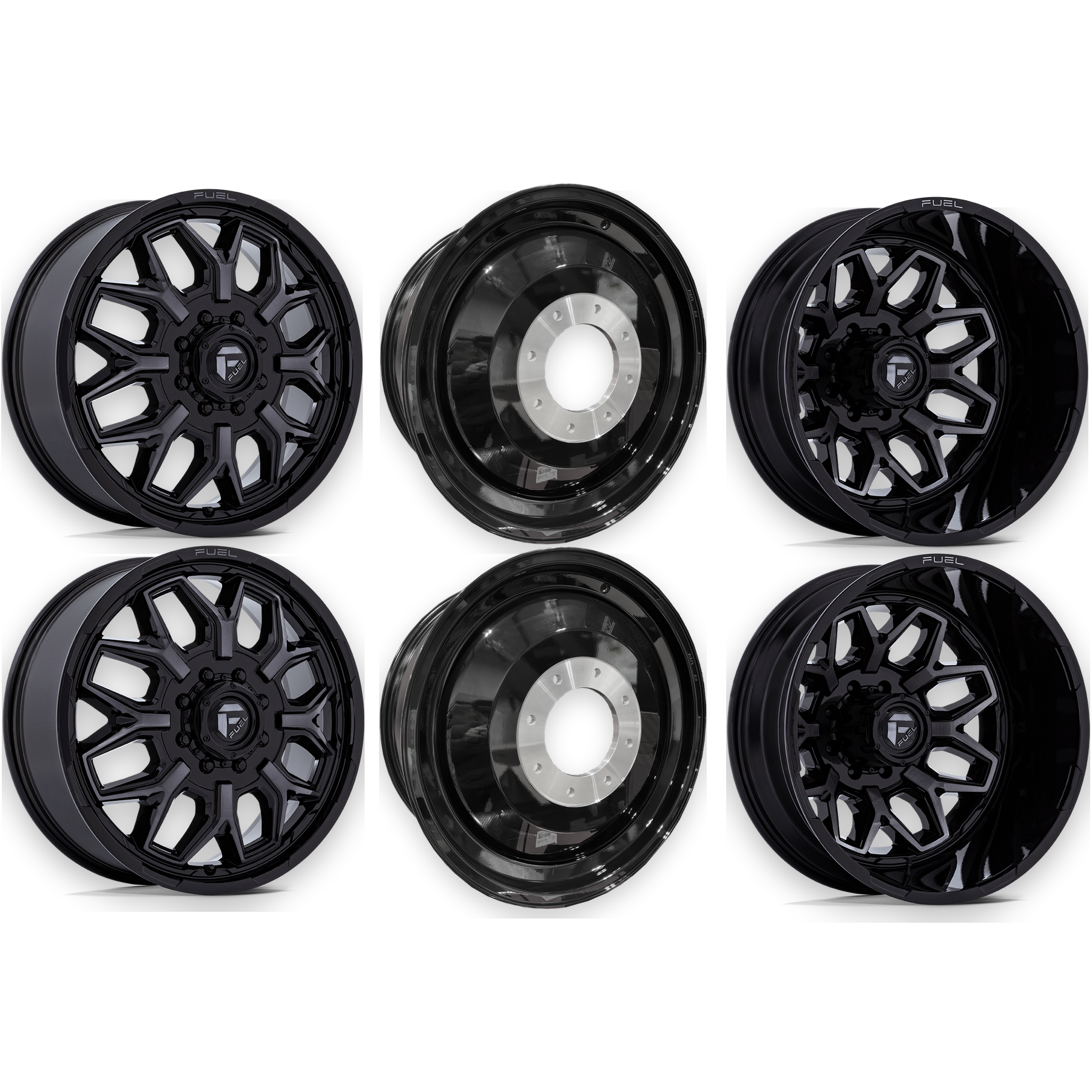 Fuel Offroad Flux Gloss Black Gray Tint Brushed Face 22x8.25 22" Dually Wheels