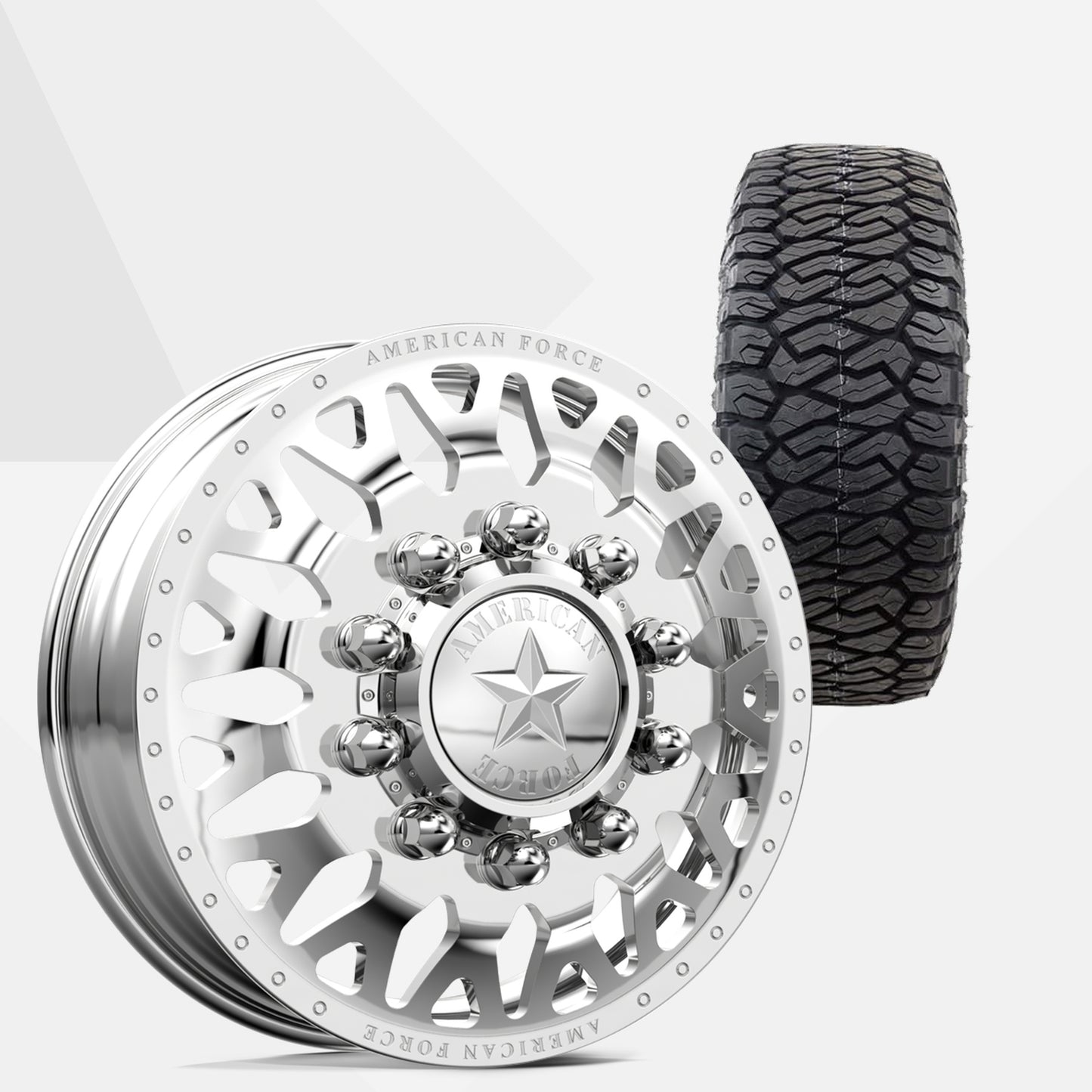 American Force Evo Polished 22x8.25 Wheels & Maxxis Tires Razr A/T 285/55R22 Tires - 22" Dually Package