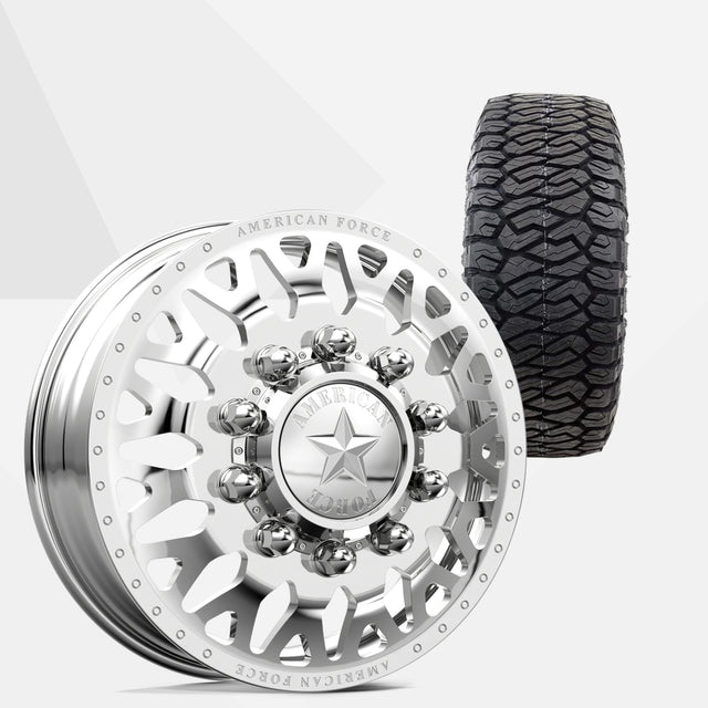 American Force Evo Polished 22x8.25 Wheels & Maxxis Tires Razr A/T 285/55R22 Tires - 22" Dually Package