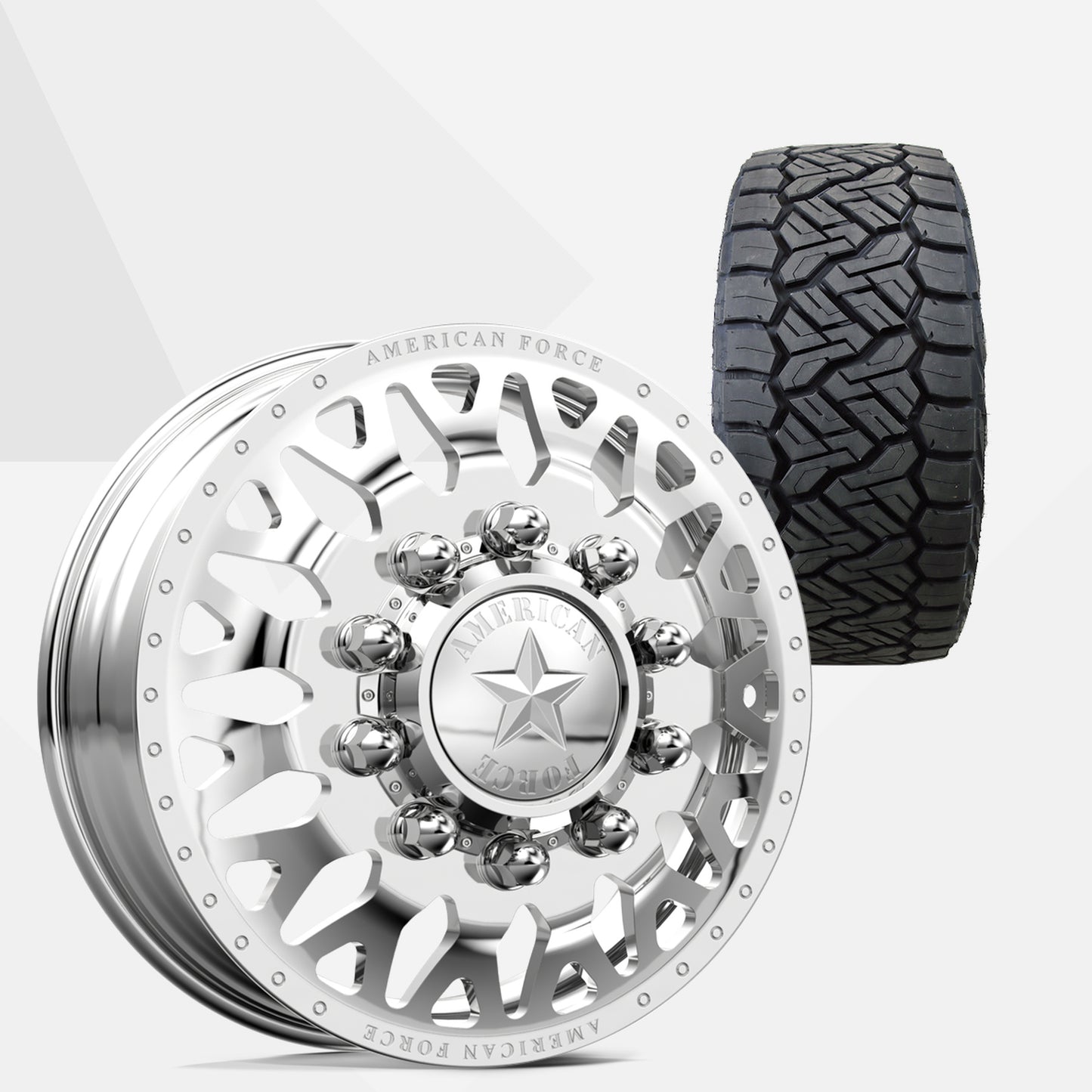 American Force Evo Polished 24x8.25 Wheels & Nitto Tires Recon Grappler A/T 315/50R24 Tires - 24" Dually Package