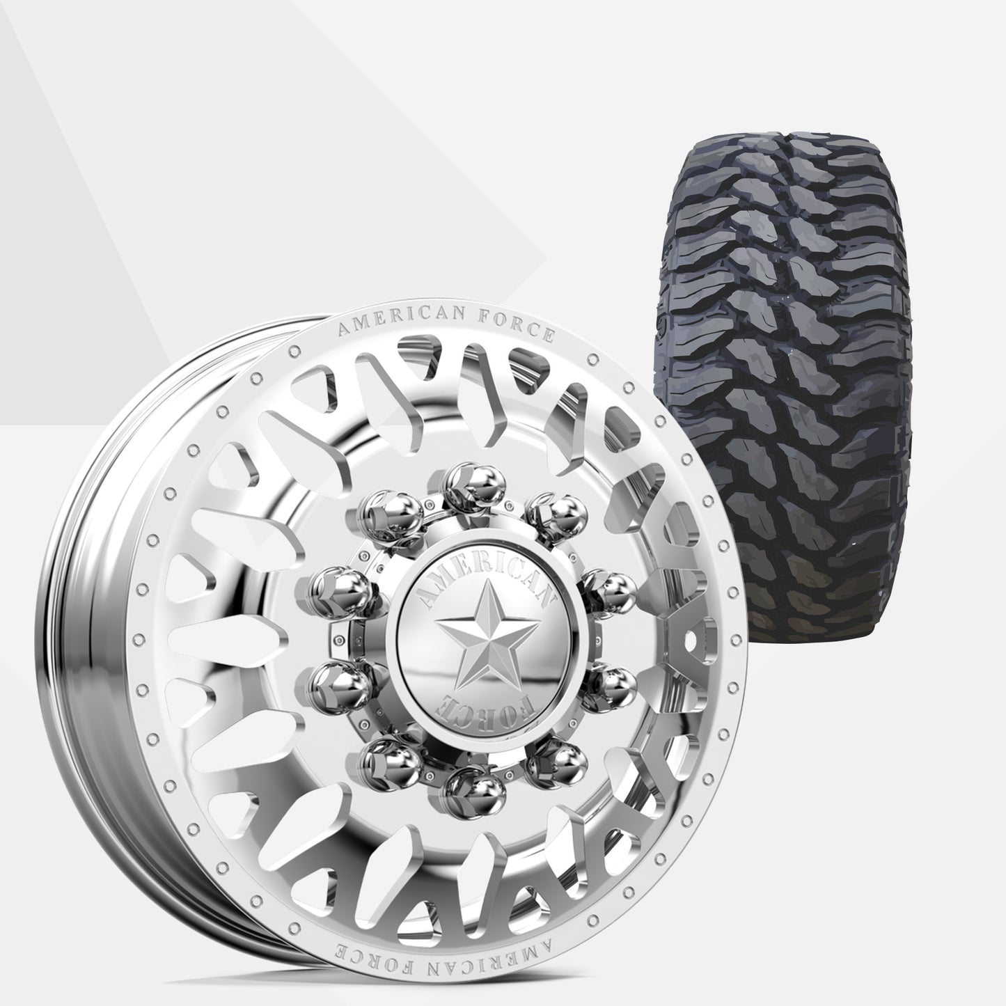 American Force Evo Polished 24x8.25 Wheels & TIS Tires TIS Offroad TT1 M/T 37x13.50R24 Tires - 24" Dually Package