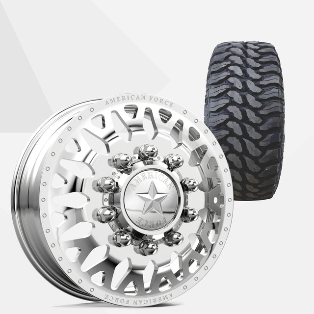 American Force Evo Polished 24x8.25 Wheels & TIS Tires TIS Offroad TT1 M/T 37x13.50R24 Tires - 24" Dually Package