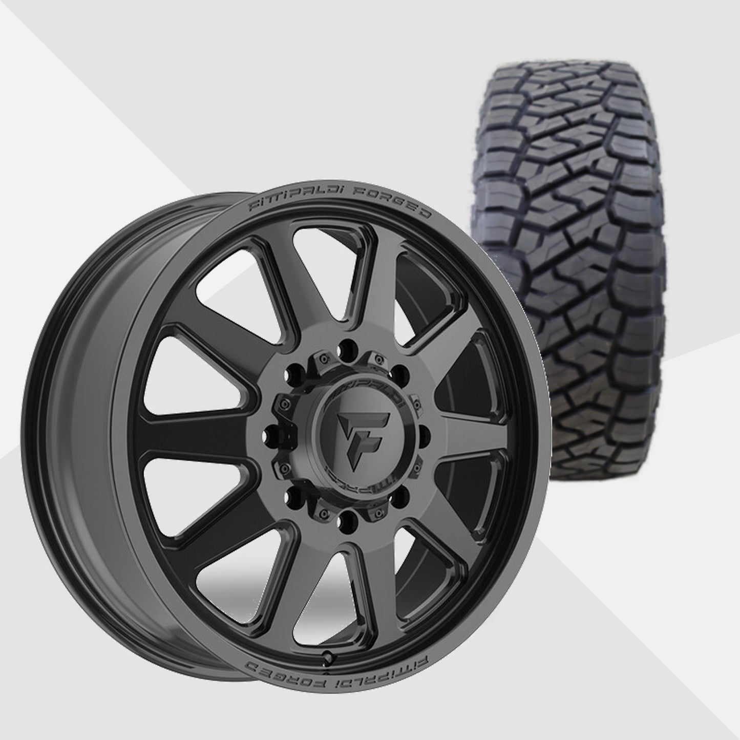 Fittipaldi FDF603B Gloss Black 24x8.25 Wheels & Toyo Tires Open Country R/T Trail 38x13.50R24 Tires - 24" Dually Package