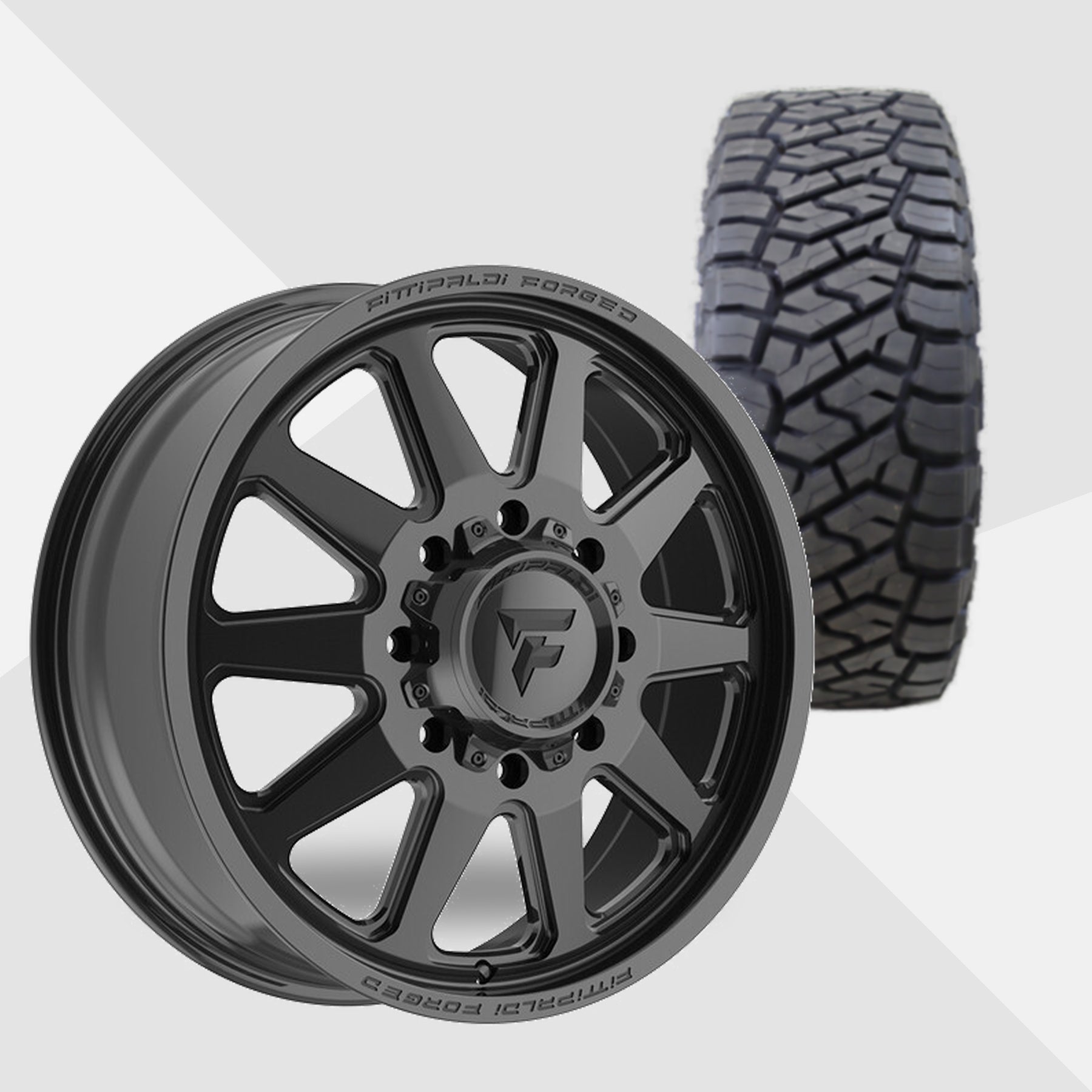 Fittipaldi FDF603B Gloss Black 24x8.25 Wheels & Toyo Tires Open Country R/T Trail 38x13.50R24 Tires - 24" Dually Package