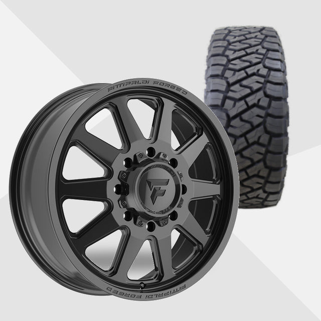 Fittipaldi FDF603B Gloss Black 24x8.25 Wheels & Toyo Tires Open Country R/T Trail 38x13.50R24 Tires - 24" Dually Package