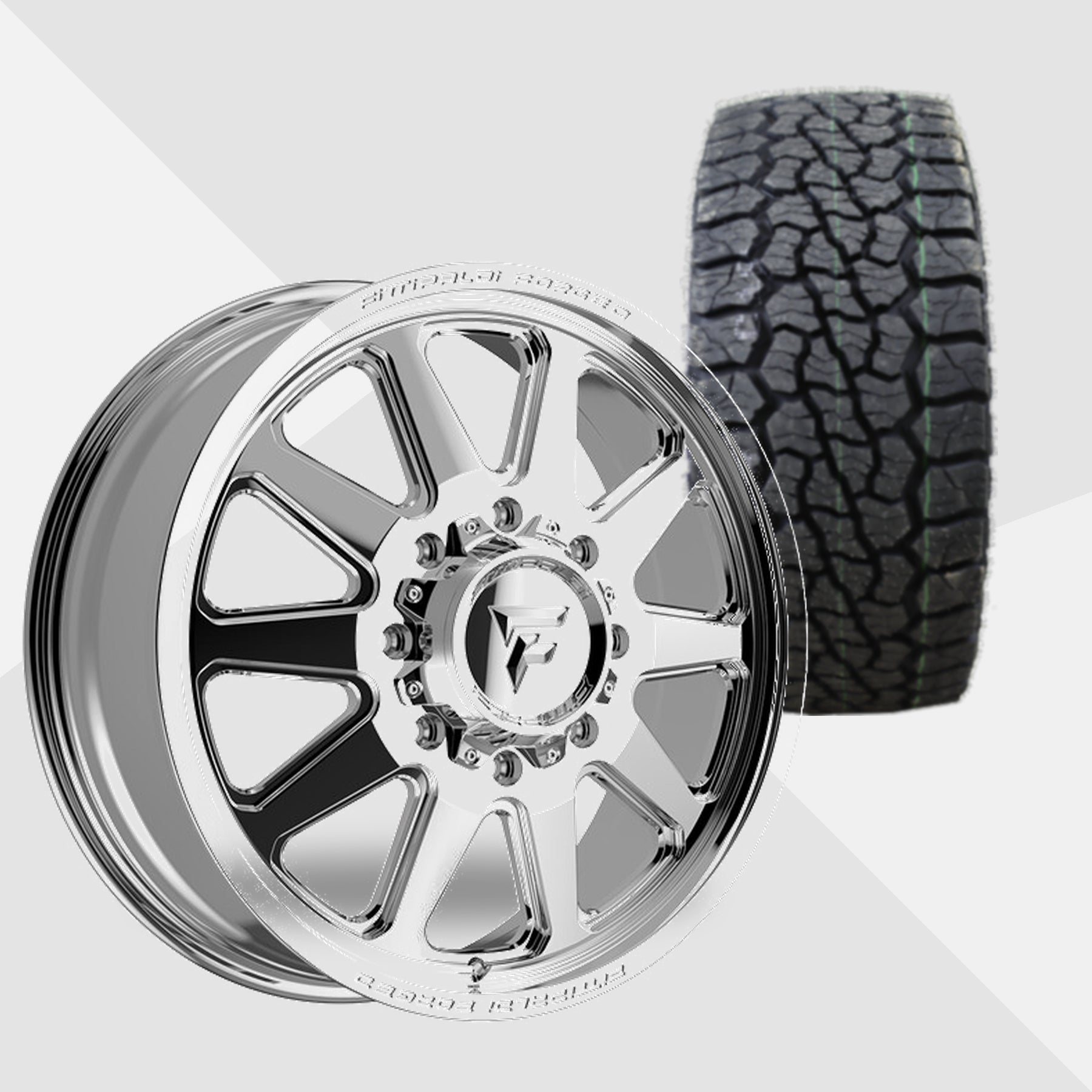 Fittipaldi FDF603P Polished 22x8.25 Wheels & Venom Power Tires Swampthing A/T 285/55R22 Tires - 22" Dually Package