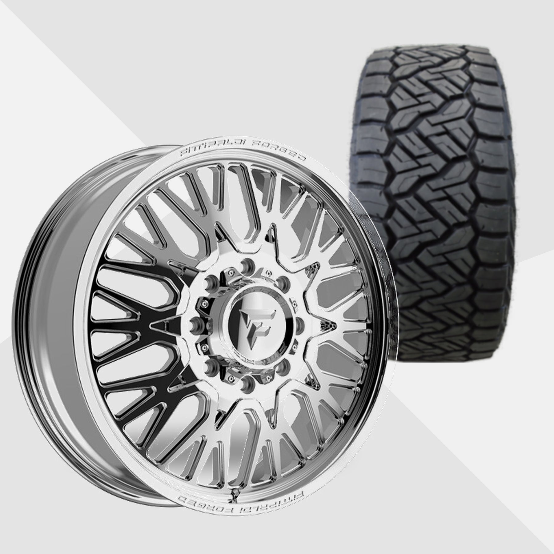Fittipaldi FDF605P Polished 24x8.25 Wheels & Nitto Tires Recon Grappler A/T 295/45R24 Tires - 24" Dually Package