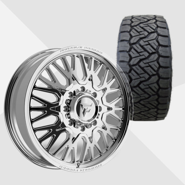 Fittipaldi FDF605P Polished 24x8.25 Wheels & Nitto Tires Recon Grappler A/T 295/45R24 Tires - 24" Dually Package