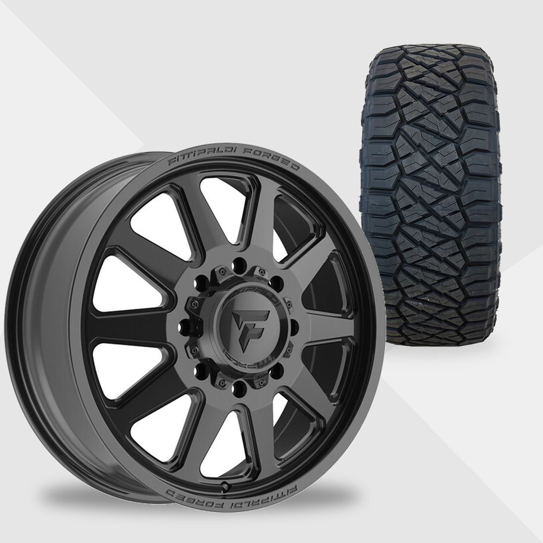 Fittipaldi Forged FDF603B Gloss Black 22x8.25 8x210 with Nitto Tires Ridge Grappler 285/55R22 Dually Package