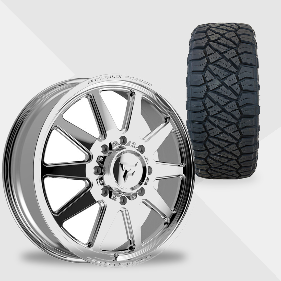 Fittipaldi Forged FDF603P Polished 22x8.25 8x210 with Nitto Tires Ridge Grappler 285/55R22 Dually Package