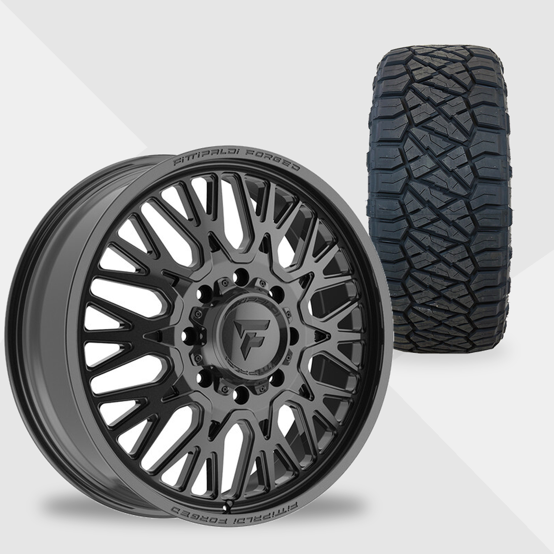 Fittipaldi Forged FDF605B Gloss Black 22x8.25 8x210 with Nitto Tires Ridge Grappler 285/55R22 Dually Package