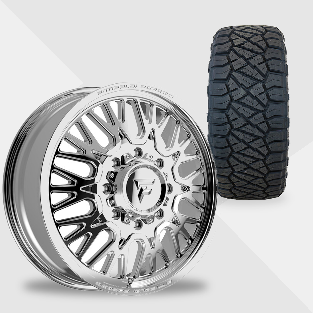 Fittipaldi Forged FDF605P Polished 22x8.25 8x210 with Nitto Tires Ridge Grappler 285/55R22 Dually Package