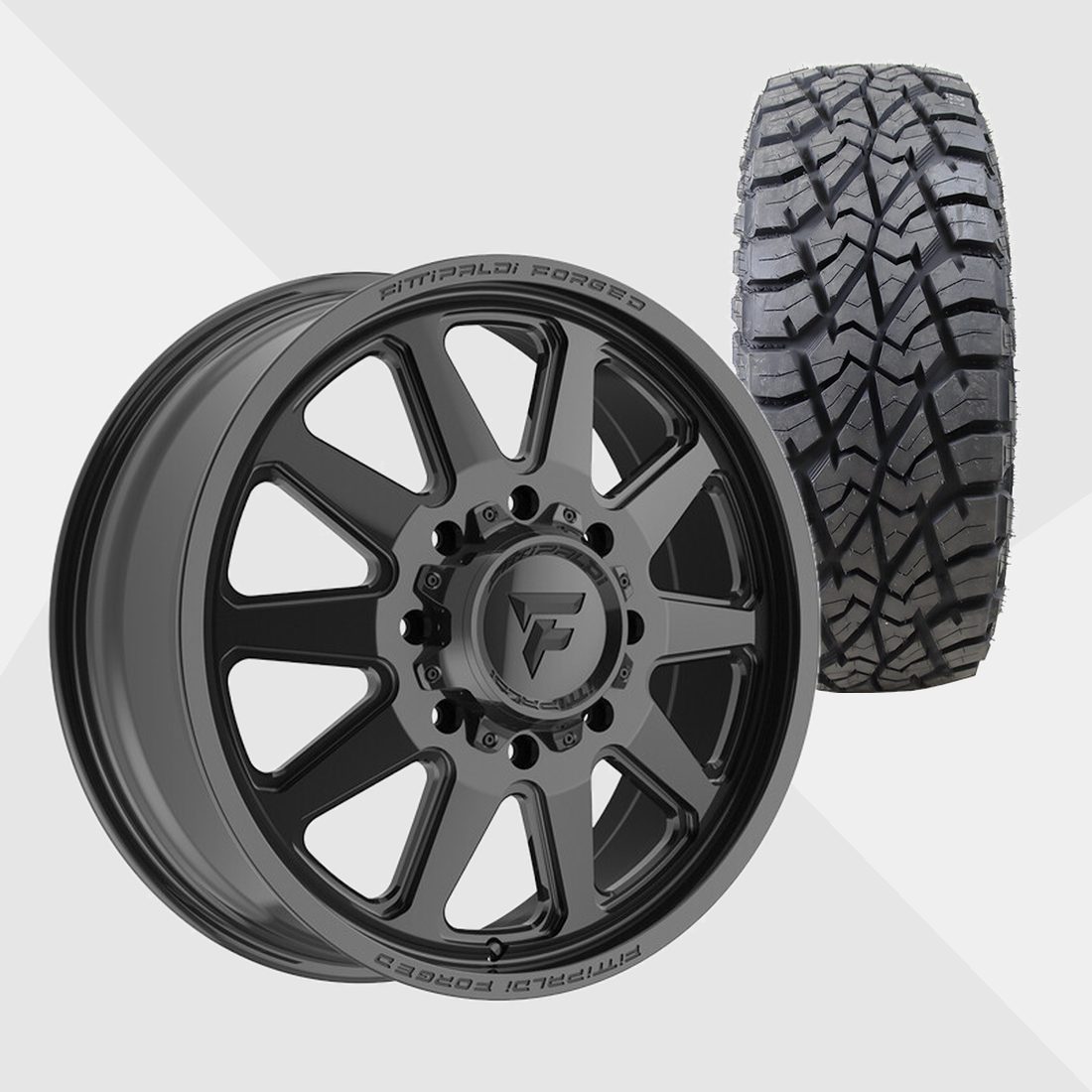 Fittipaldi Forged FDF603B Gloss Black 24x8.25 8x210 with AMP Tires Terrain Attack R/T 35x13.50R24 Dually Package