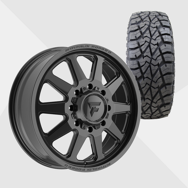 Fittipaldi Forged FDF603B Gloss Black 24x8.25 8x210 with AMP Tires Terrain Attack R/T 35x13.50R24 Dually Package