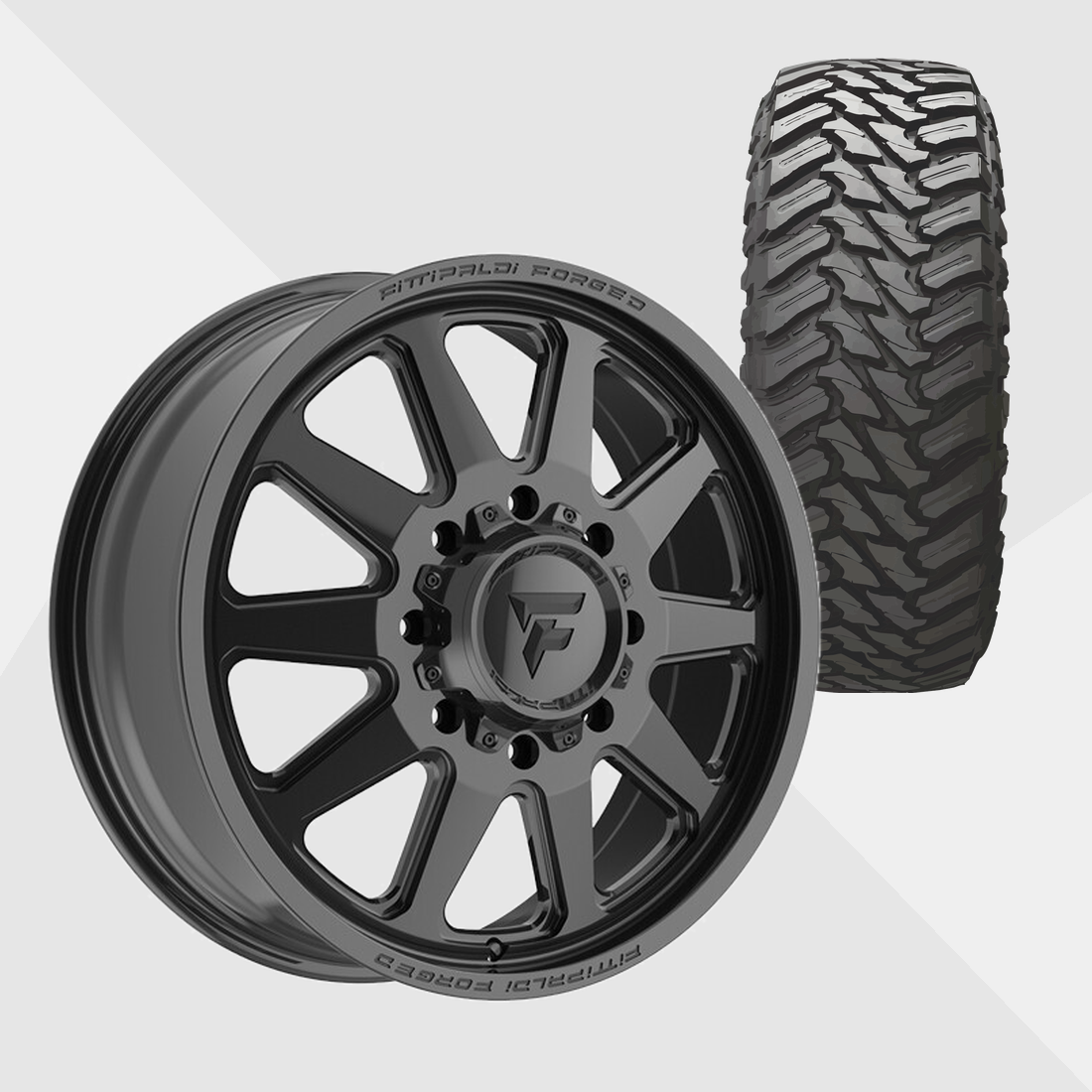 Fittipaldi Forged FDF603B Gloss Black 22x8.25 8x210 with Atturo Tires Trail Blade M/T 35x12.50R22 Dually Package