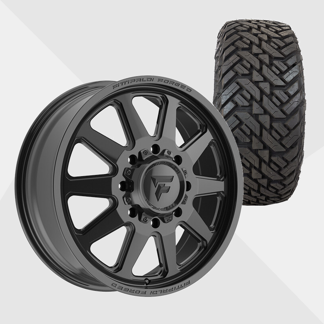 Fittipaldi Forged FDF603B Gloss Black 22x8.25 8x200 with Fuel Tires Gripper M/T 33x12.50R22 Dually Package