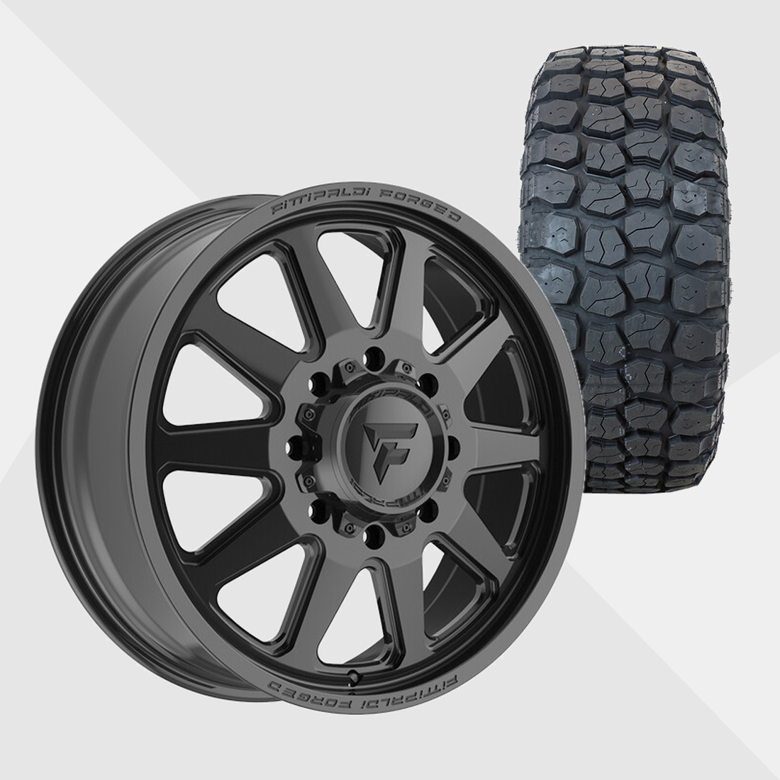 Fittipaldi Forged FDF603B Gloss Black 22x8.25 8x200 with Ironman Tires All Country M/T 35x12.50R22 Dually Package