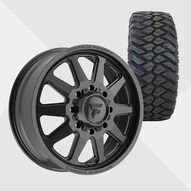 Fittipaldi Forged FDF603B Gloss Black 22x8.25 8x210 with Maxxis Tires Razr M/T 35x12.50R22 Dually Package