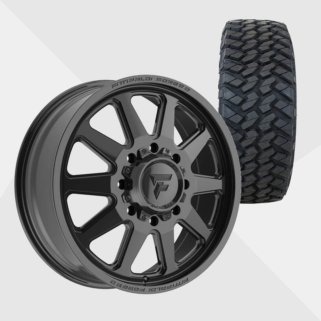 Fittipaldi Forged FDF603B Gloss Black 24x8.25 8x200 with Nitto Tires Trail Grappler M/T 38x13.50R24 Dually Package