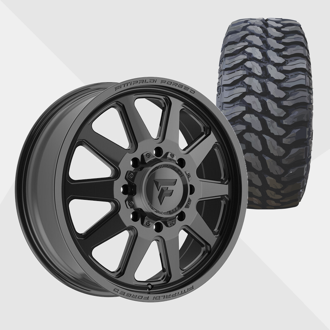 Fittipaldi Forged FDF603B Gloss Black 24x8.25 8x200 with TIS Tires TIS Offroad TT1 M/T 37x13.50R24 Dually Package
