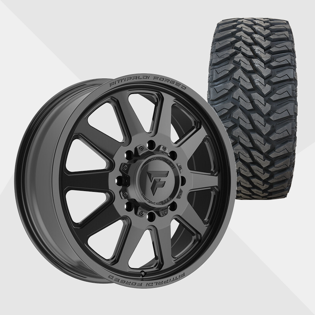 Fittipaldi Forged FDF603B Gloss Black 22x8.25 8x200 with Venom Power Tires Terra Hunter M/T 33x12.50R22 Dually Package