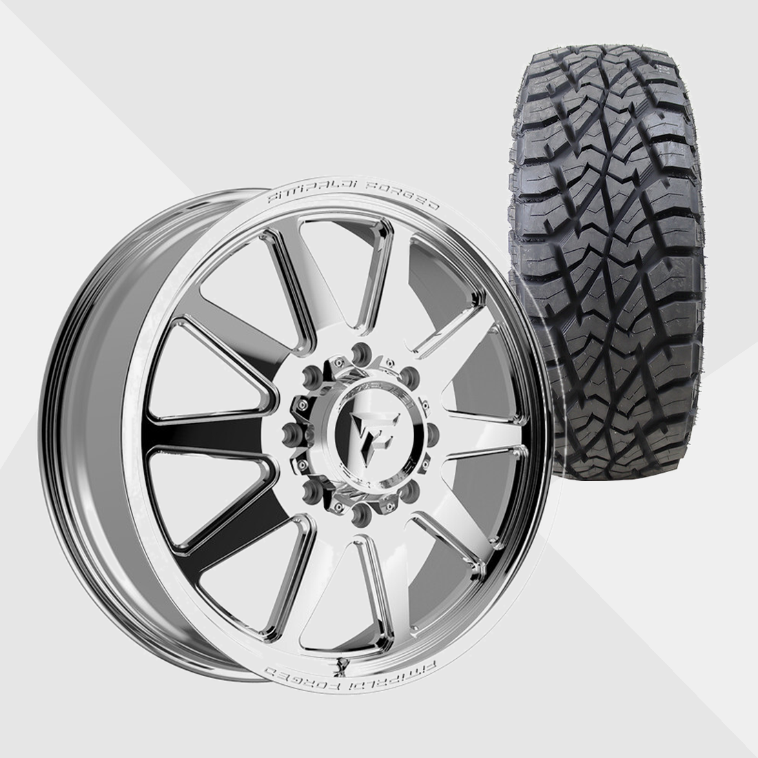 Fittipaldi Forged FDF603P Polished 24x8.25 8x210 with AMP Tires Terrain Attack R/T 37x13.50R24 Dually Package