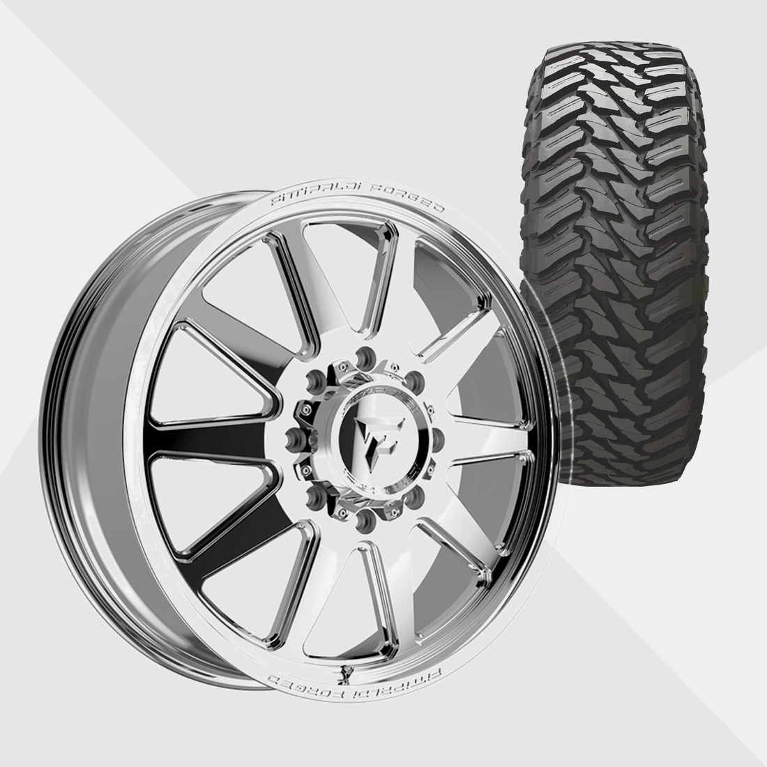 Fittipaldi Forged FDF603P Polished 22x8.25 8x210 with Atturo Tires Trail Blade M/T 33x12.50R22 Dually Package