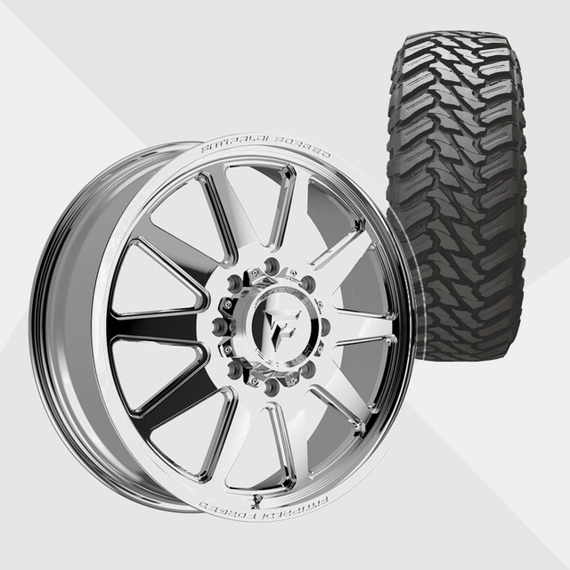 Fittipaldi Forged FDF603P Polished 22x8.25 8x210 with Atturo Tires Trail Blade M/T 33x12.50R22 Dually Package