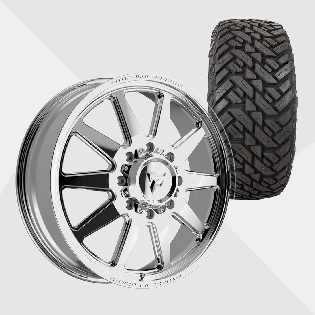 Fittipaldi Forged FDF603P Polished 24x8.25 8x210 with Fuel Tires Gripper M/T 35x13.50R24 Dually Package