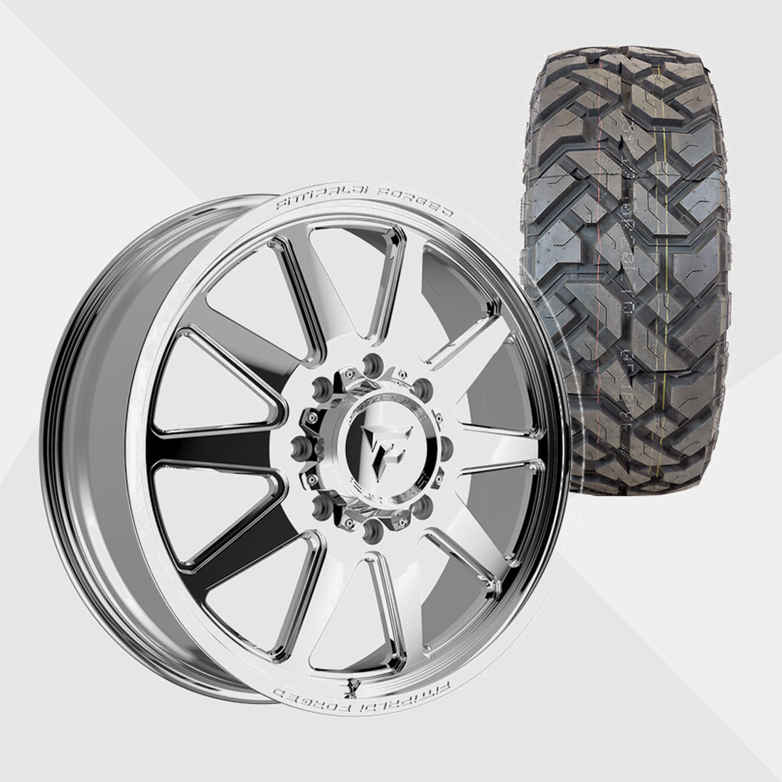 Fittipaldi Forged FDF603P Polished 22x8.25 8x210 with Fuel Tires Gripper X/T 33x12.50R22 Dually Package