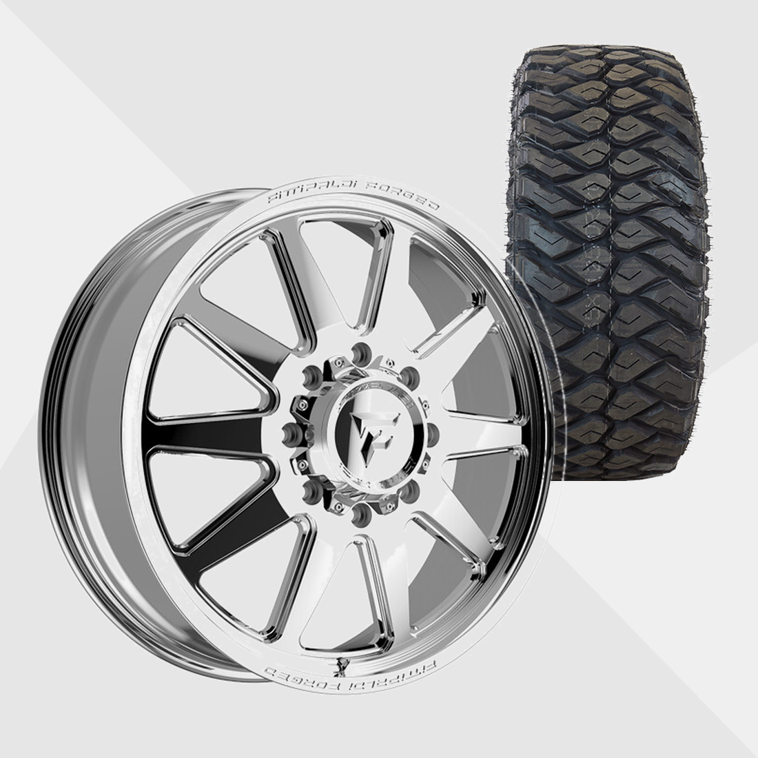 Fittipaldi Forged FDF603P Polished 22x8.25 8x200 with Maxxis Tires Razr M/T 35x12.50R22 Dually Package
