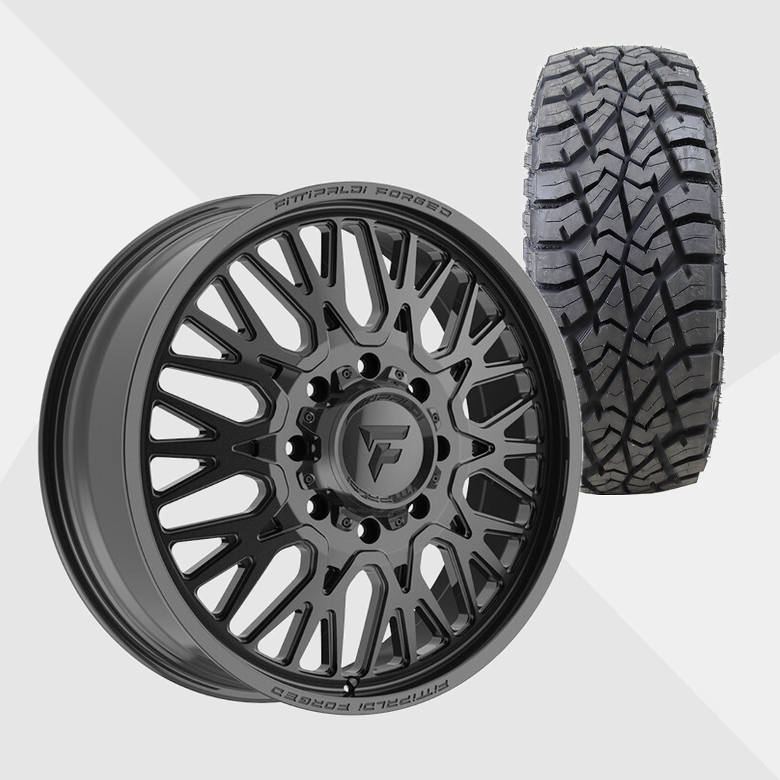 Fittipaldi Forged FDF605B Gloss Black 24x8.25 8x210 with AMP Tires Terrain Attack R/T 37x13.50R24 Dually Package