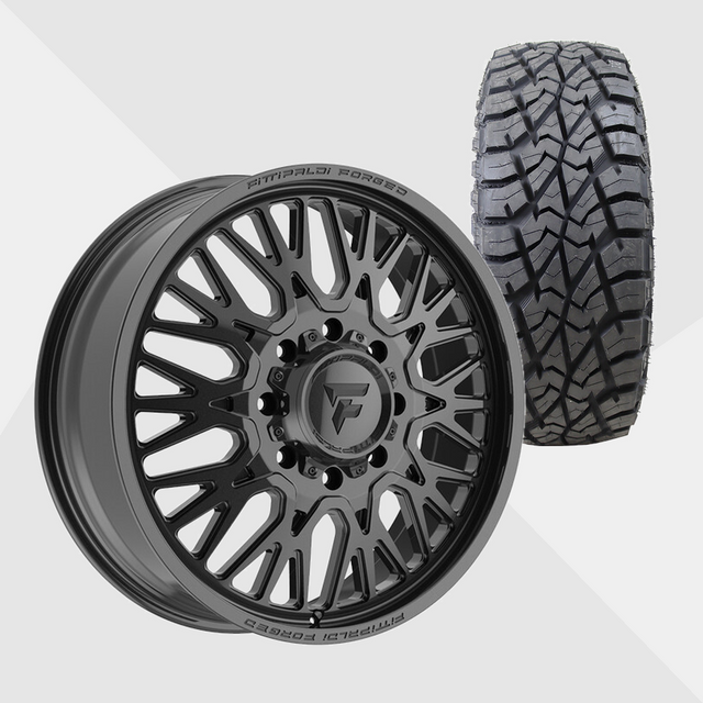 Fittipaldi Forged FDF605B Gloss Black 24x8.25 8x210 with AMP Tires Terrain Attack R/T 37x13.50R24 Dually Package