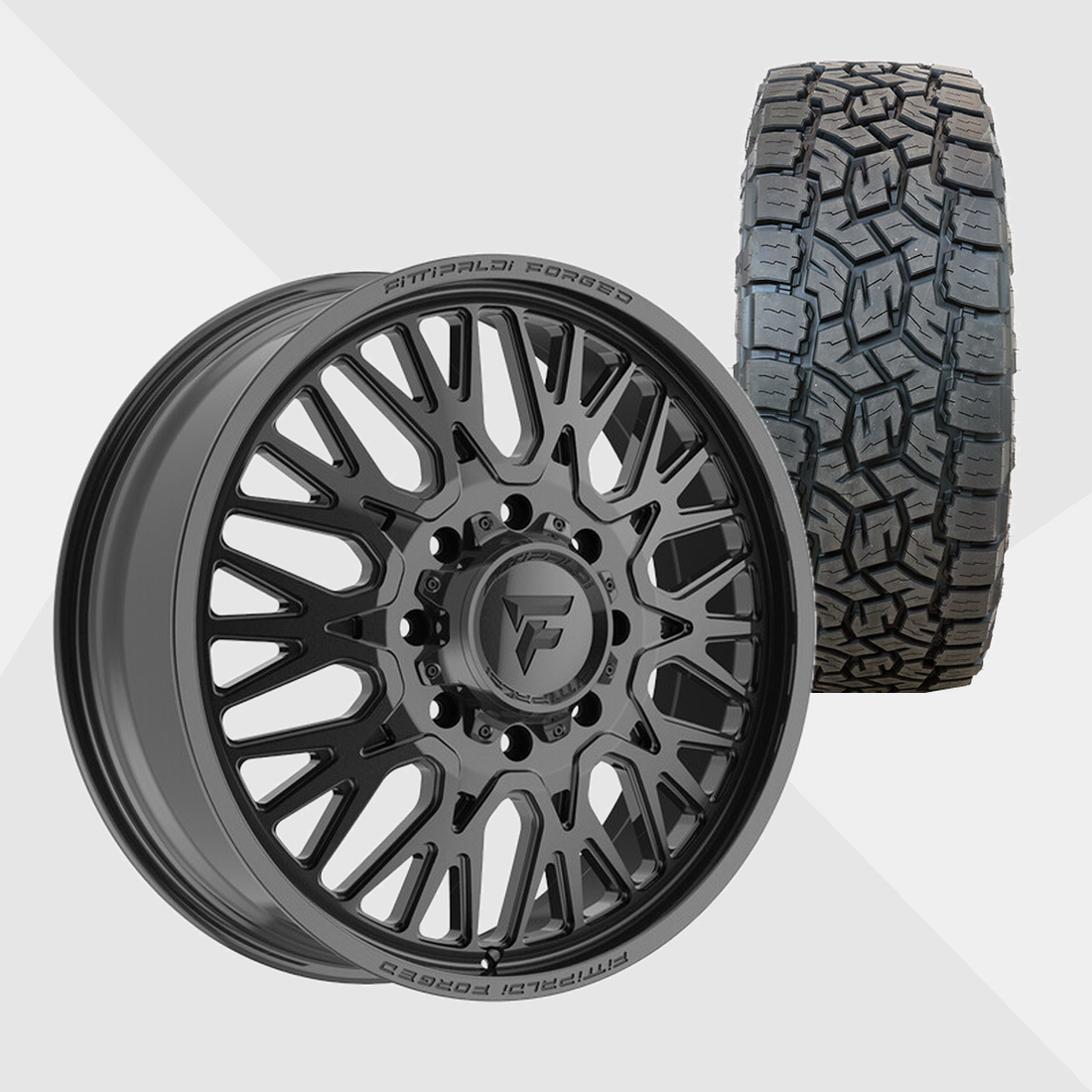 Fittipaldi Forged FDF605B Gloss Black 22x8.25 8x210 with Toyo Tires Open Country A/T III 33x12.50R22 Dually Package