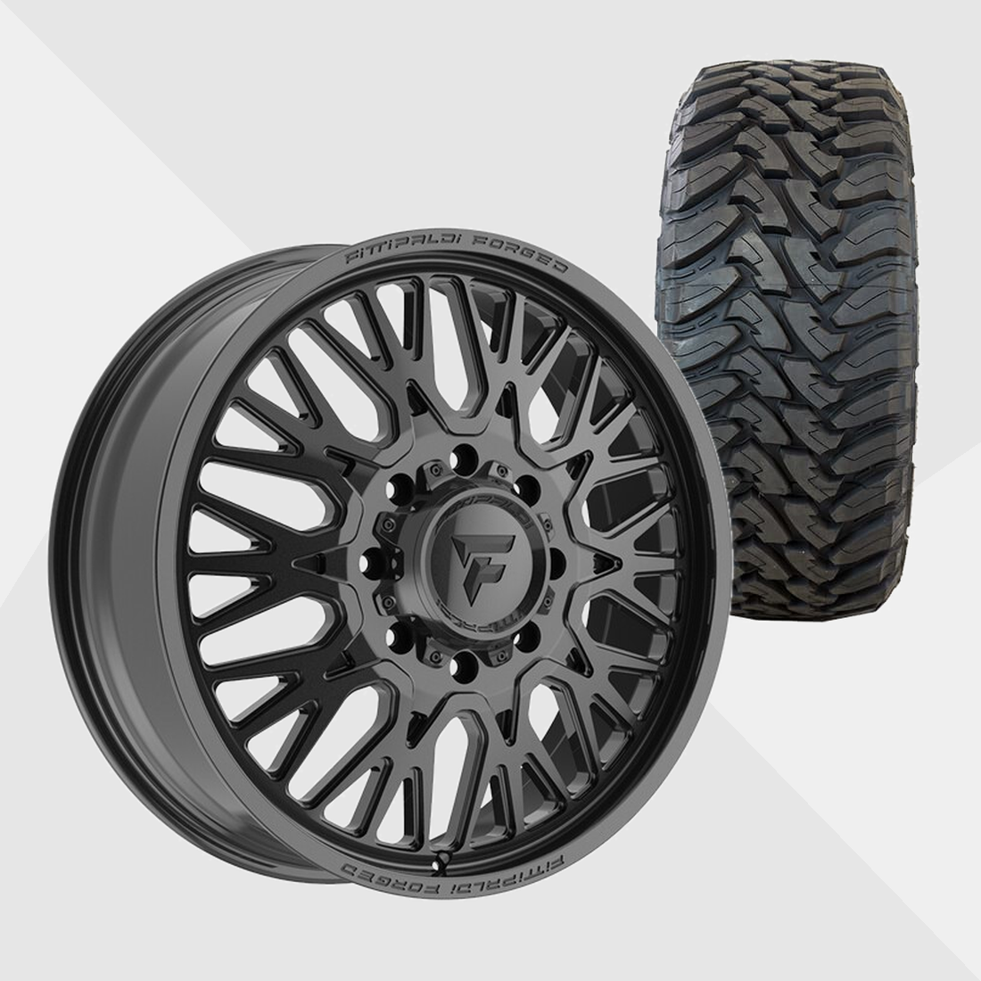 Fittipaldi Forged FDF605B Gloss Black 24x8.25 8x210 with Toyo Tires Open Country M/T 37x13.50R24 Dually Package