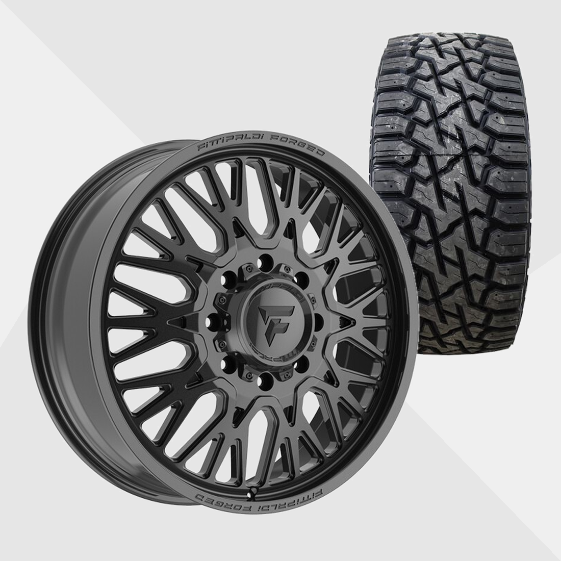 Fittipaldi Forged FDF605B Gloss Black 22x8.25 8x210 with Venom Power Tires Trail Hunter R/T 37x12.50R22 Dually Package