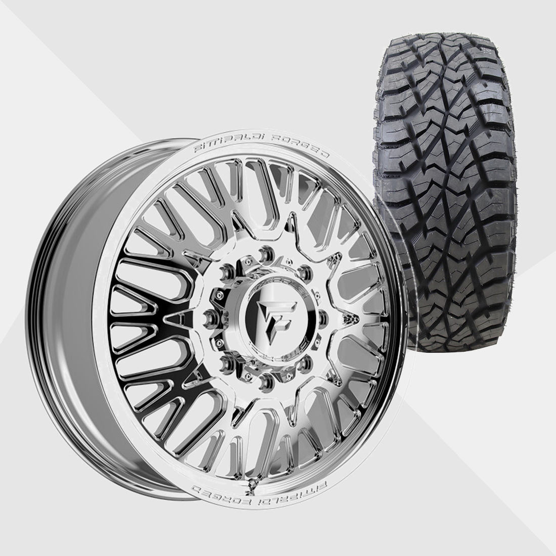 Fittipaldi Forged FDF605P Polished 22x8.25 8x200 with AMP Tires Terrain Attack R/T 33x12.50R22 Dually Package