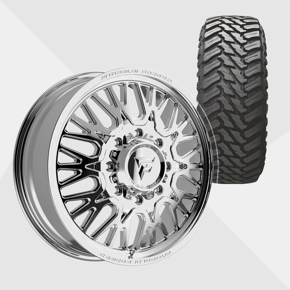 Fittipaldi Forged FDF605P Polished 22x8.25 8x200 with Atturo Tires Trail Blade M/T 33x12.50R22 Dually Package