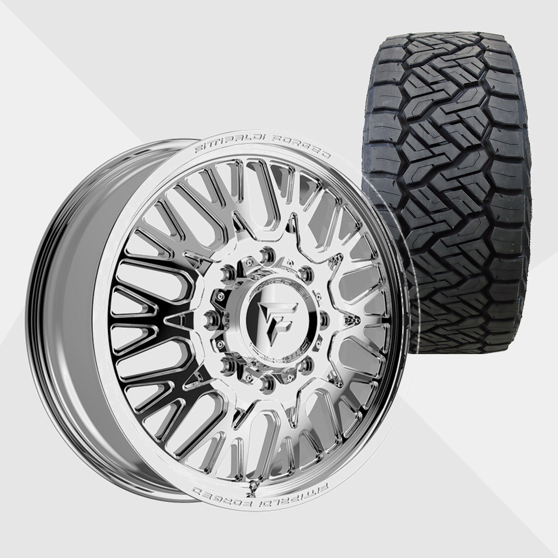 Fittipaldi Forged FDF605P Polished 24x8.25 8x200 with Nitto Tires Recon Grappler A/T 35x12.50R24 Dually Package