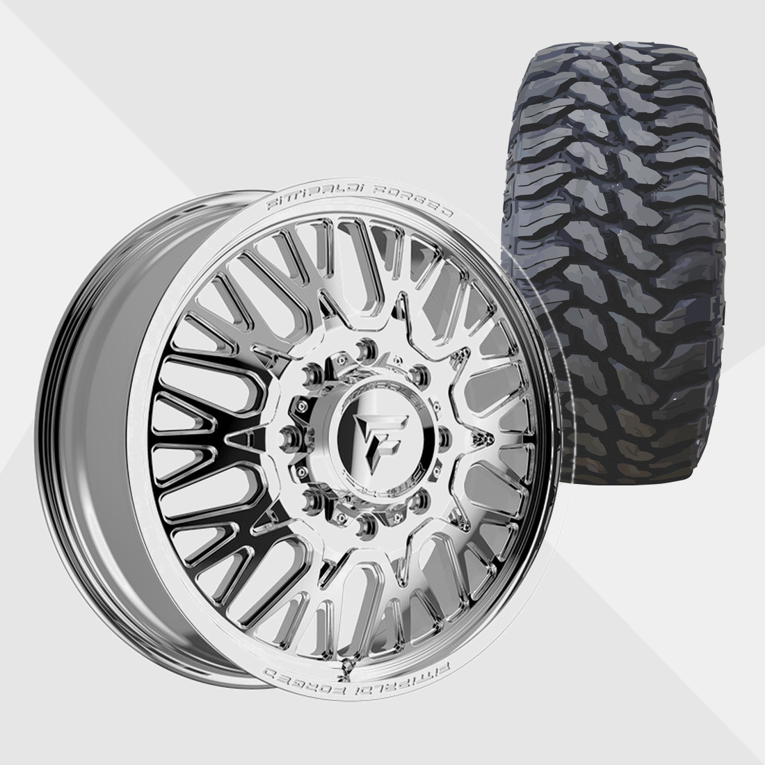 Fittipaldi Forged FDF605P Polished 24x8.25 8x200 with TIS Tires TIS Offroad TT1 M/T 37x13.50R24 Dually Package
