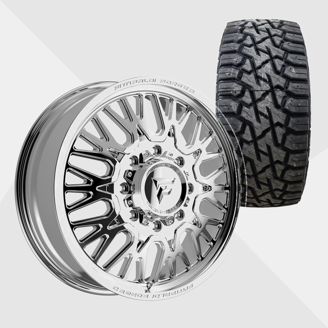 Fittipaldi Forged FDF605P Polished 22x8.25 8x210 with Venom Power Tires Trail Hunter R/T 33x12.50R22 Dually Package