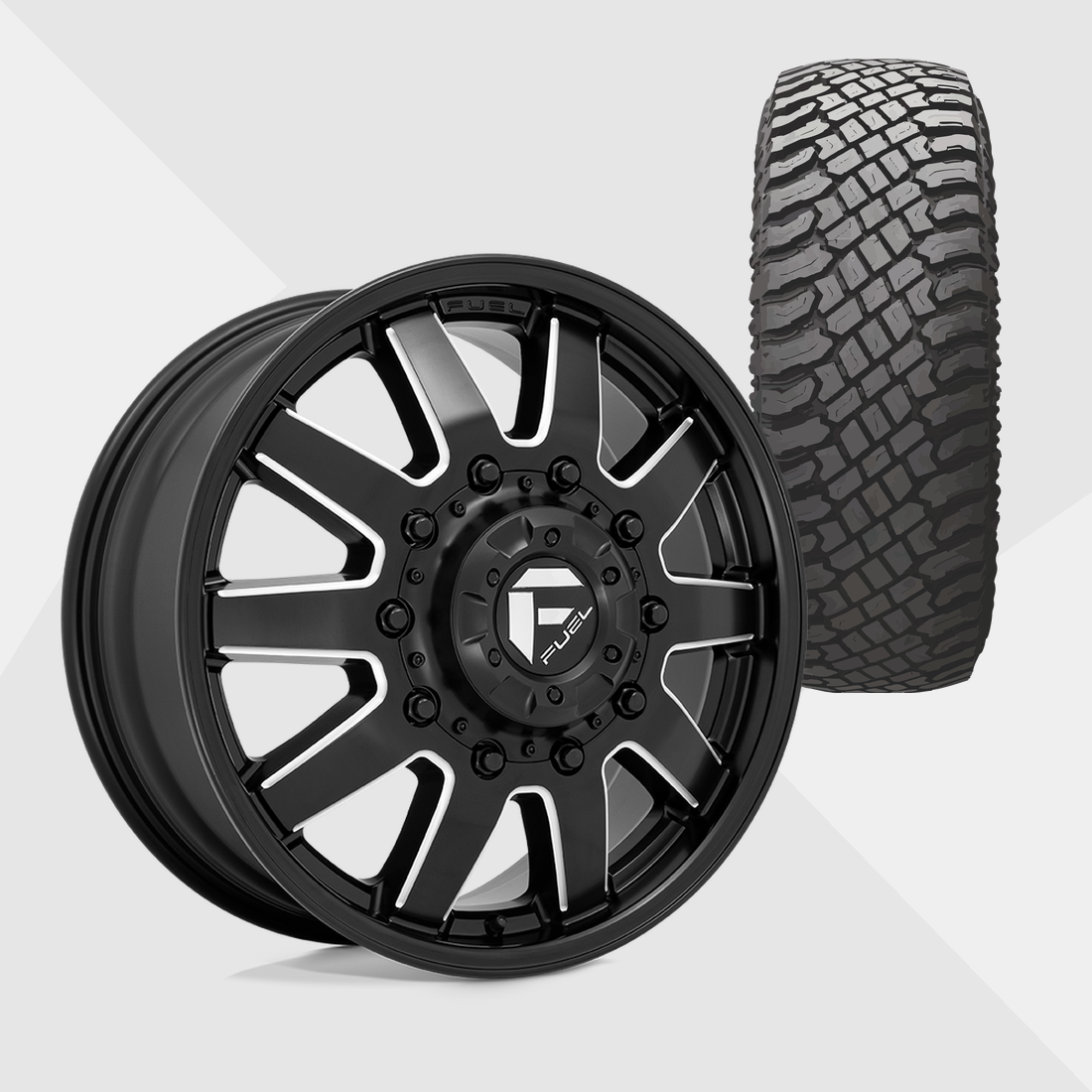 Fuel Offroad Maverick Matte Black Milled 20x8.25 10x225 with Atturo Tires Trail Blade X/T 33x12.50R20 Dually Package