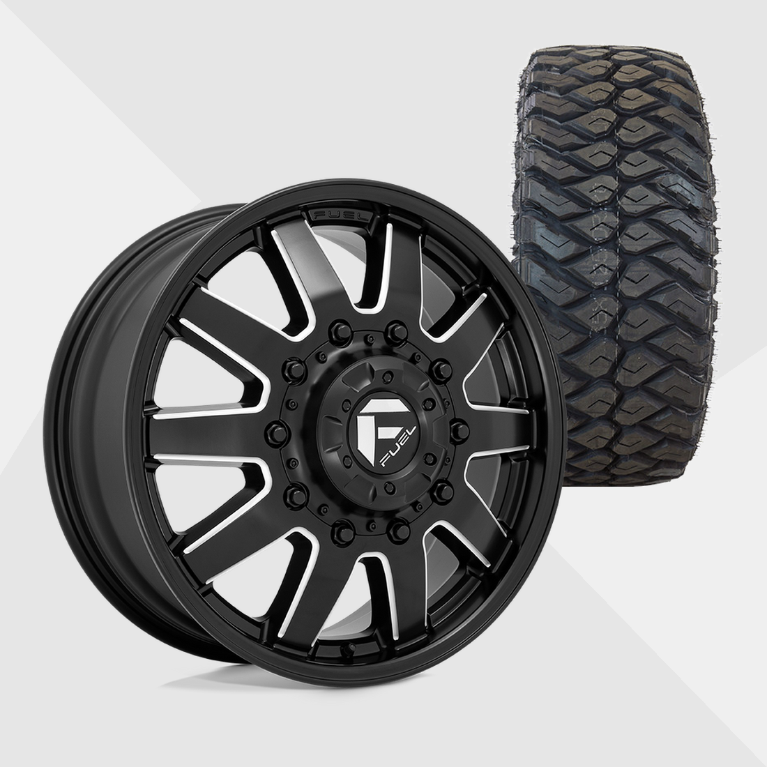 Fuel Offroad Maverick Matte Black Milled 22x8.25 8x210 with Maxxis Tires Razr M/T 35x12.50R22 Dually Package