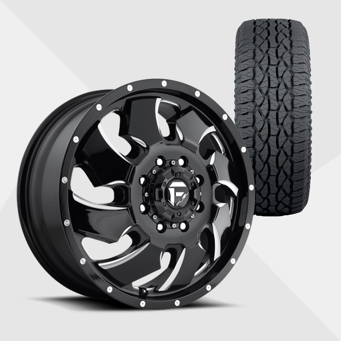 Fuel Offroad Cleaver Gloss Black Milled 20x8.25 8x200 with Atturo Tires Trail Blade ATS 285/60R20 Dually Package