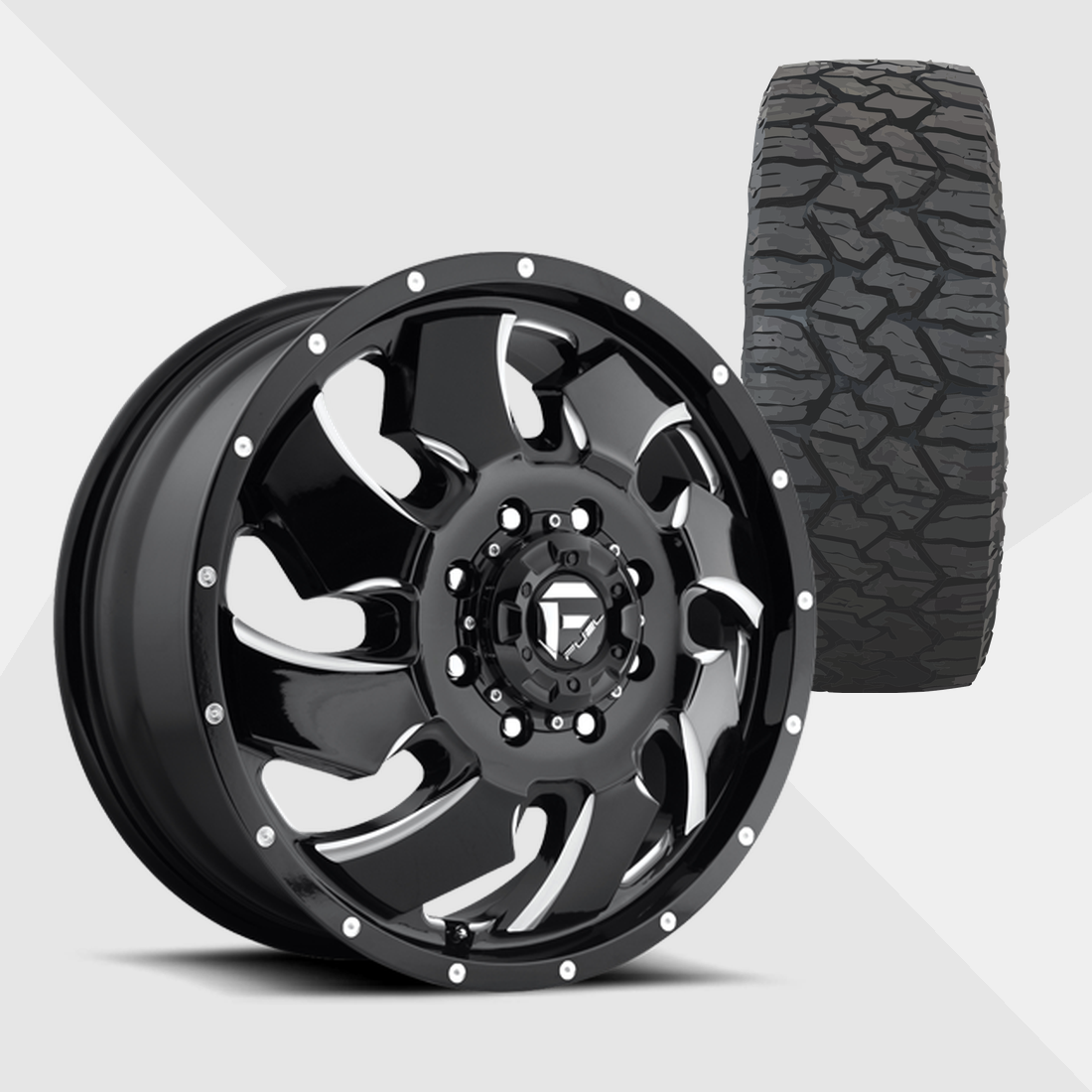 Fuel Offroad Cleaver Gloss Black Milled 20x8.25 8x200 with Nitto Tires Exo Grappler AWT 35x11.50R20 Dually Package