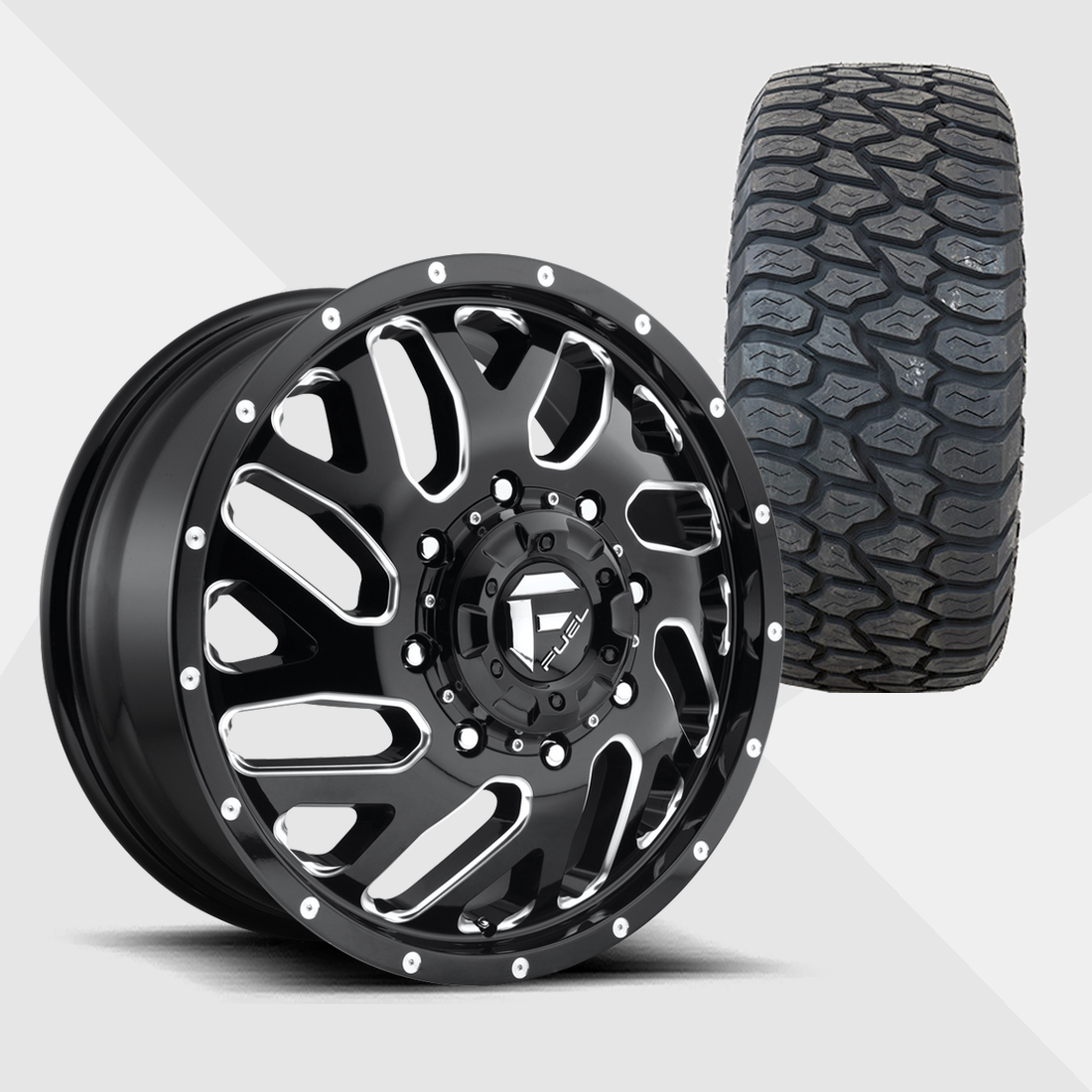 Fuel Offroad Triton Gloss Black Milled 20x8.25 8x210 with AMP Tires Terrain Attack A/T 285/55R20 Dually Package