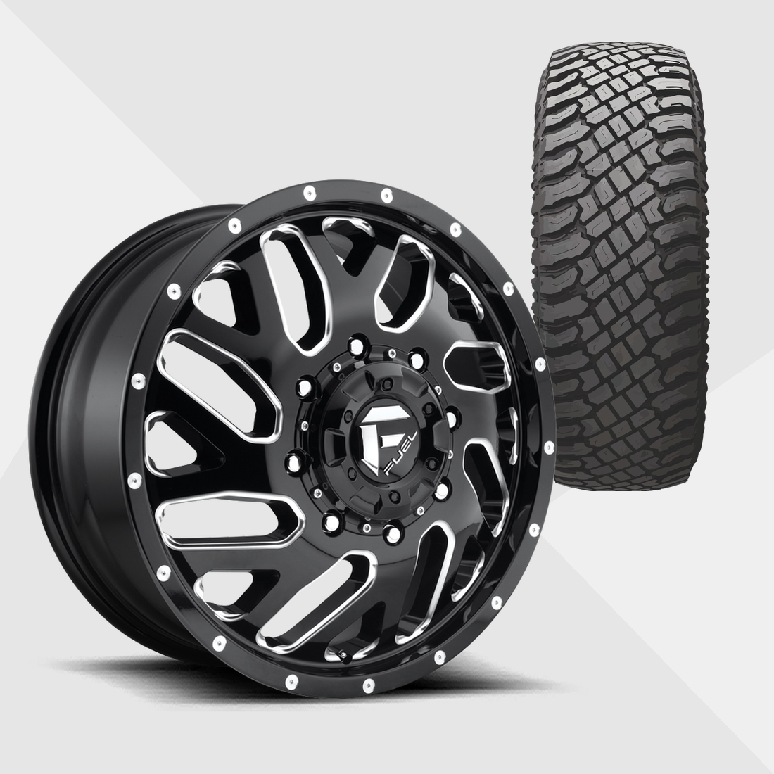 Fuel Offroad Triton Gloss Black Milled 20x8.25 8x210 with Atturo Tires Trail Blade X/T 33x12.50R20 Dually Package
