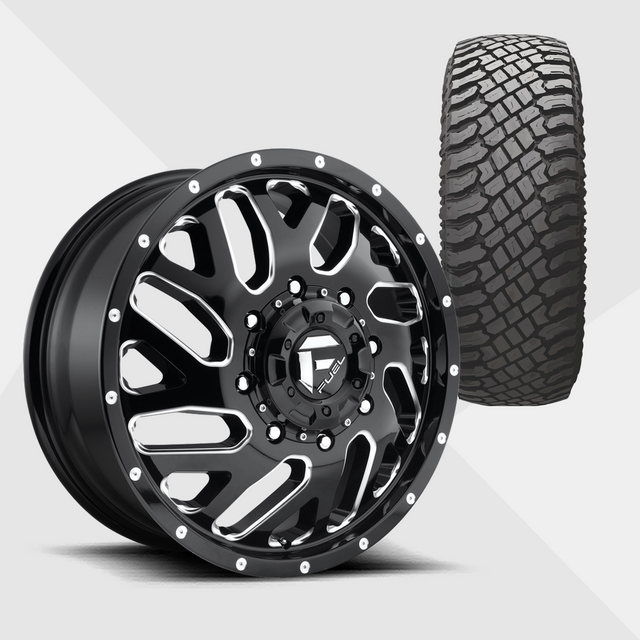 Fuel Offroad Triton Gloss Black Milled 20x8.25 8x210 with Atturo Tires Trail Blade X/T 33x12.50R20 Dually Package
