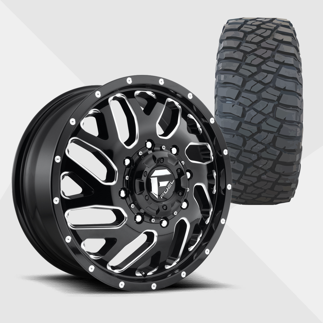 Fuel Offroad Triton Gloss Black Milled 20x8.25 8x210 with BF Goodrich Tires Mud Terrain T/A KM3 295/60R20 Dually Package