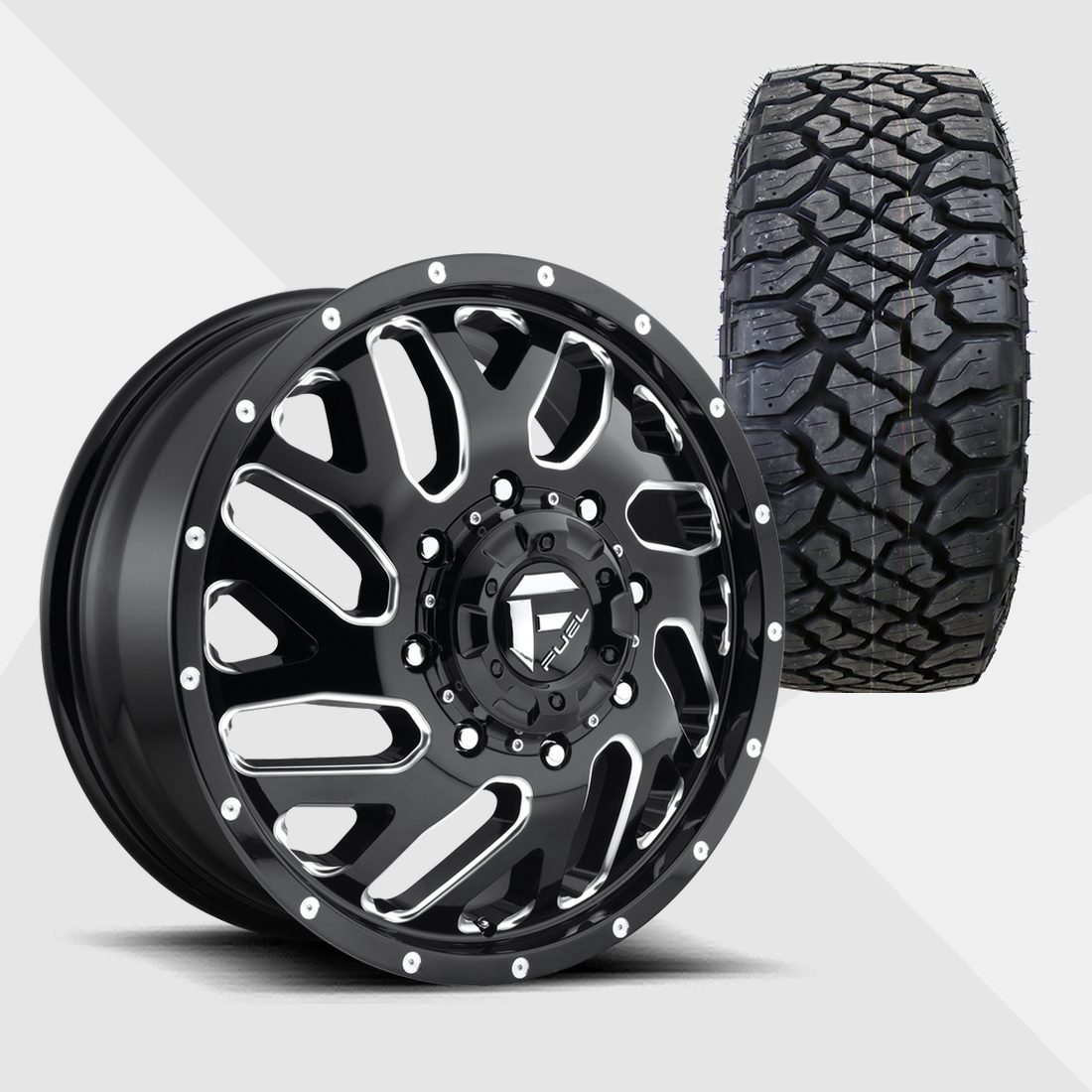 Fuel Offroad Triton Gloss Black Milled 20x8.25 8x210 with Kenda Tires Klever R/T 35x12.50R20 Dually Package